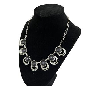 70a Vintage Sarah Coventry Silver Tone Black Cabochon Statement Necklace Jewelry